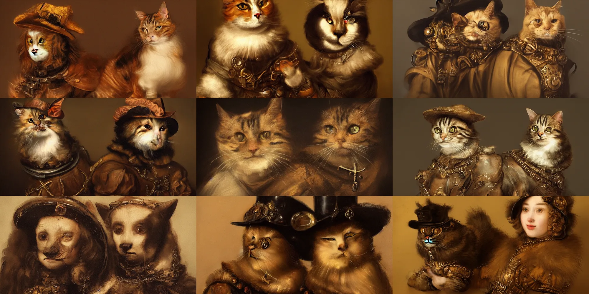 Prompt: a beautiful 17th century portrait of a cat in steampunk clothing, 85mm, concept art, detailed, realistic, rembrandt lightning, trending on Artstation