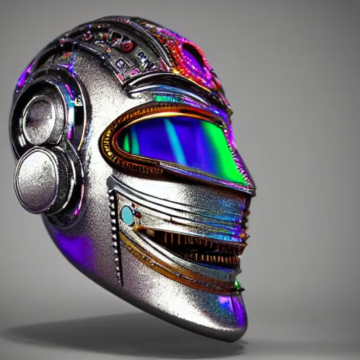 Prompt: a chrome aztec steampunk spaced out futuristic robot head wearing trippy brain sensors, 8 k, front shot, symetrical, flourescent colors, halluzinogenic, multicolored, insanely detailed, front shot, 3 d render, octane