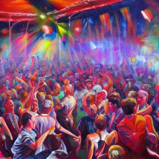 Prompt: a soft comfy bed, on the dancefloor at a disco, oil painting, hyperdetailed