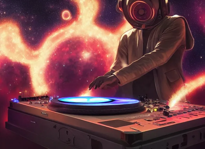 Image similar to Man djing under the galaxy, digital art, artstation, hyperrealistic, 4k, unreal engine, octane render, trending on artstation, art by Artgerm and Greg Rutkowski and Alphonse Mucha