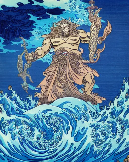 Image similar to royal king of the ocean poseidon world of warcraft god by hokusai and james gurney