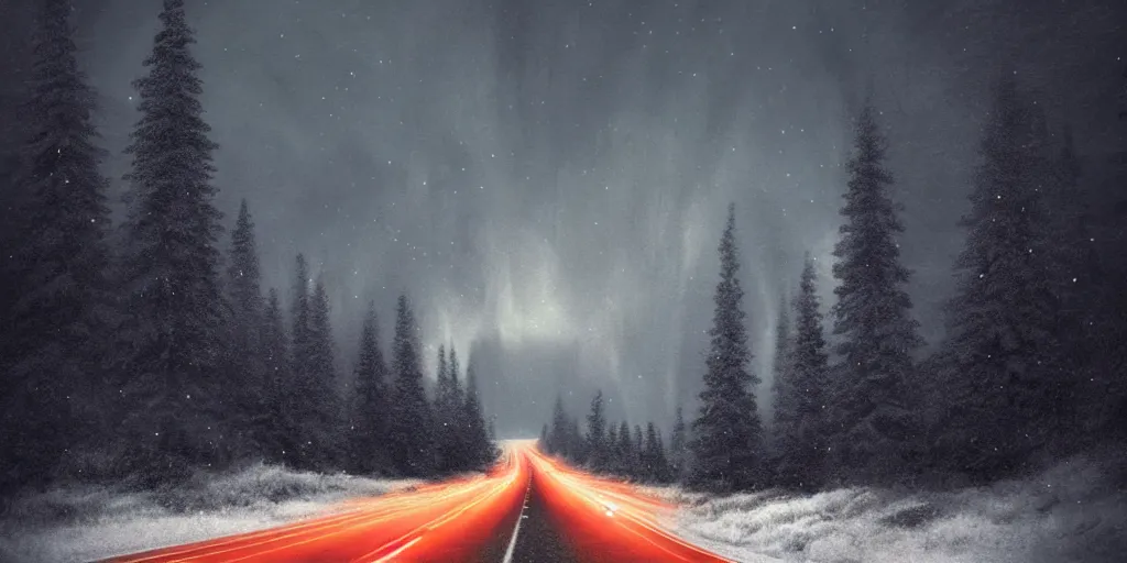 Image similar to snowy mountain road at night, lightning sky lit up with cosmic radiation, style of greg rutkowski, ominous creatures on the road, 8 k resolution, highly detailed illustration,