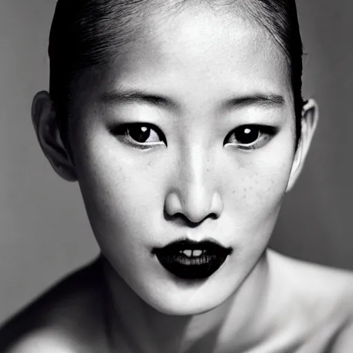 Image similar to a beautiful professional photograph by herb ritts and ellen von unwerh for the cover of vogue magazine of a beautiful lightly freckled and unusually attractive tibetan female fashion model looking at the camera in a flirtatious way, zeiss 5 0 mm f 1. 8 lens