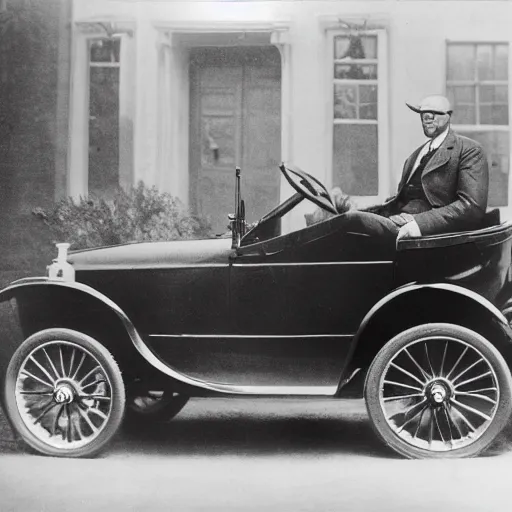 Prompt: teddy roosevelt driving a tesla, black and white photograph