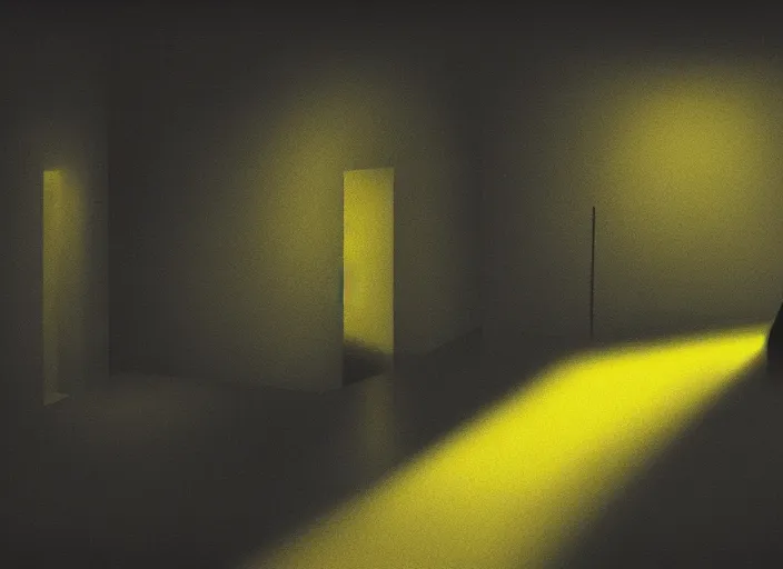 Image similar to a tall matte black creature running after a man the backrooms, yellow wallpaper, florecent lights on the ceiling, wet carpet, liminal space | | epic - fine - clean, polished, trending on artstation, brush strokes