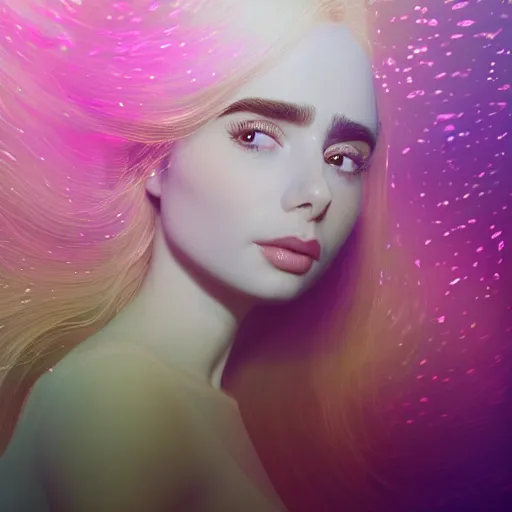 Image similar to a beautiful blonde queen girl lily collins, floating under the deep dream water, beautiful smooth soft light + white petal, oil paint, octane render, unreal engine 5, closeup, 4 k, highly detailed, instagram,