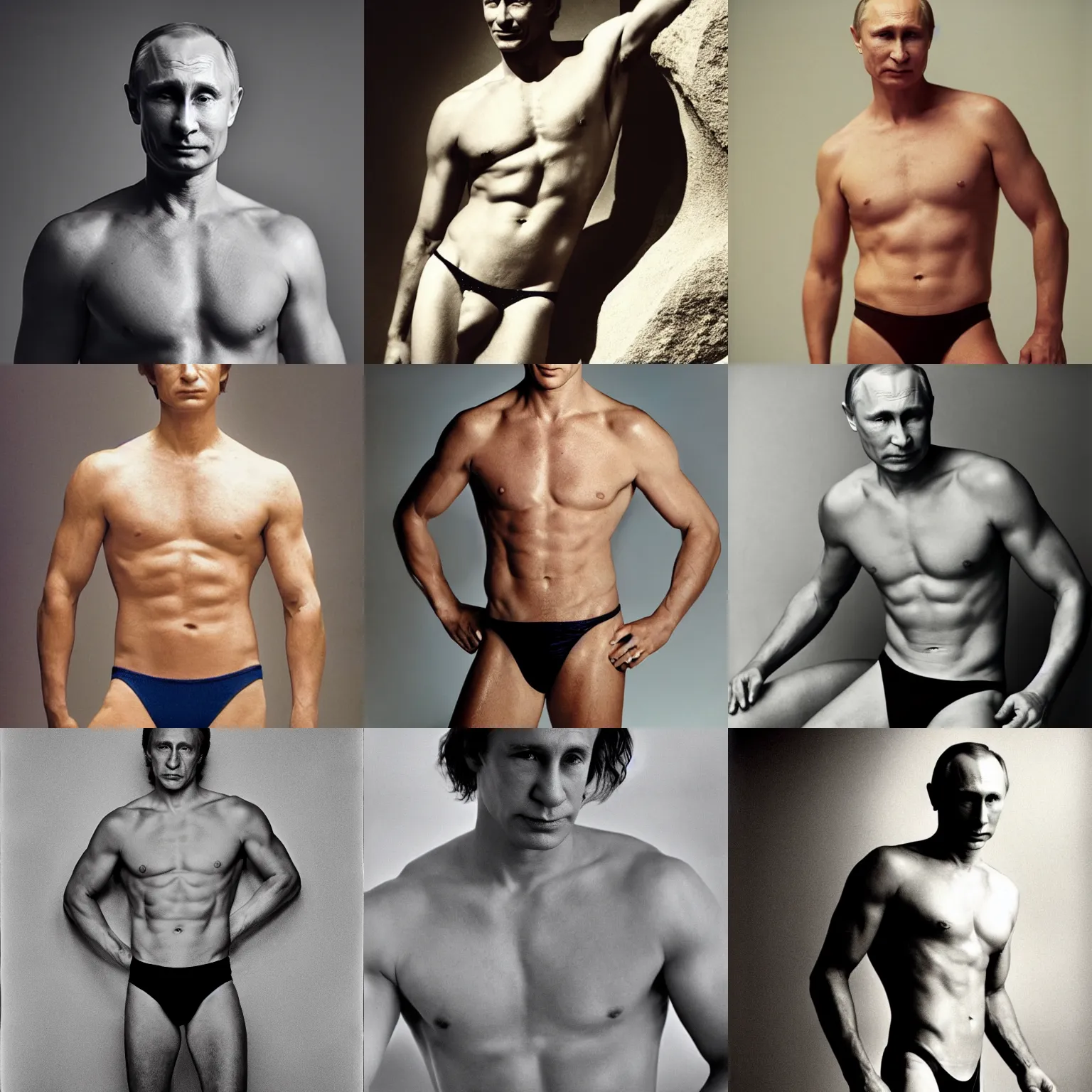 Prompt: Photo of Vladimir Putin in swimsuit, soft studio lighting, photo taken by Anne Liebovitz for Abercrombie and Fitch, award-winning photograph, 24mm f/1.4