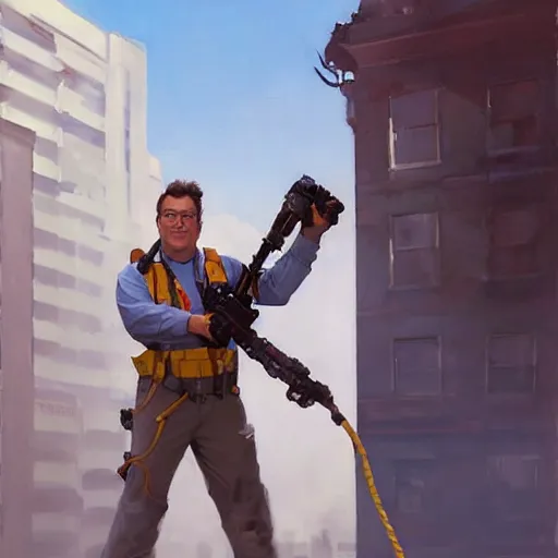 Image similar to greg manchess portrait painting of ghostbuster peter venkman overwatch character, medium shot, asymmetrical, profile picture, organic painting, sunny day, matte painting, bold shapes, hard edges, street art, trending on artstation, by huang guangjian and gil elvgren and sachin teng