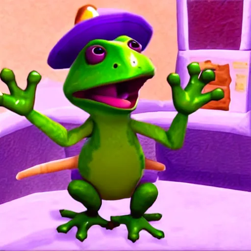 Prompt: screenshot of a cute inspector frog with a brown trenchcoat as an npc in spyro the dragon video game, with playstation 1 graphics, activision blizzard, upscaled to high resolution