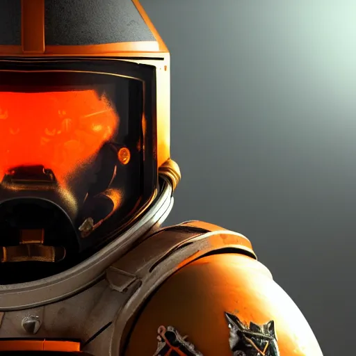 Image similar to spacemarine spacehelmet, dark armor, glowing neon orange details, full body, dark space background, clear lines, cinematic lighting, 4k, hyperrealistic, god rays, high details, unreal engine 5, cinematic