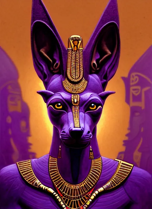 Image similar to sinister god anubis, growling jackal with egyptian headdress and nemes, art nouveau hieroglyphics, violet and gold palette, symmetry, fantasy, intricate, elegant, highly detailed, colorful, dark colors, dramatic shadow, digital painting, artstation, concept art, art by artgerm and greg rutkowski and ruan jia and simon cowell