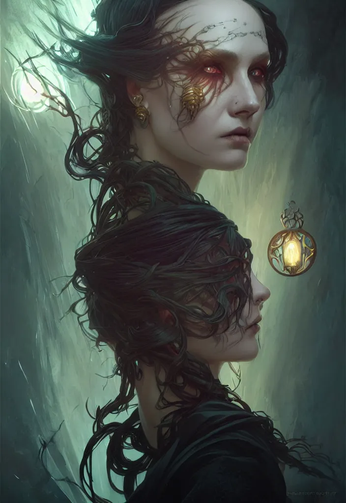 Image similar to Necromancer Sorceress, filled background around face, fantasy magic, undercut hairstyle, dark light night, intricate, elegant, sharp focus, illustration, highly detailed, digital painting, concept art, matte, art by WLOP and Artgerm and Greg Rutkowski and Alphonse Mucha, masterpiece