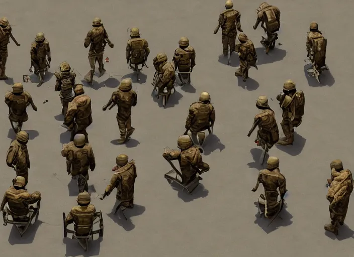 Prompt: soldiers and weirdos sitting in a circle on folding chairs, realistic, detailed, trending on artstation