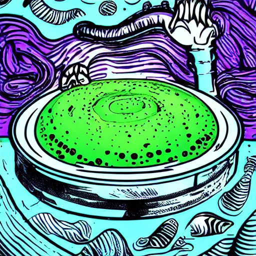 Prompt: pop - wonder - nft alien - meat half - tone - art of a feminine energy wading through the goopy - muck and slithering about the castle side delights on a melted cheesy day in a hand - drawn vector, svg, cult - classic - comic - style