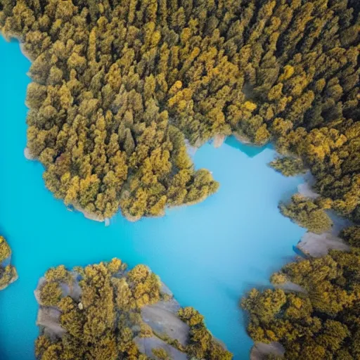 Prompt: View from directly above a blue lake with a city made of wood, more details