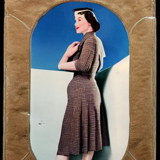 Image similar to a vintage 1 9 4 0 s kodachrome photograph of a avent - gard fashion haute couture collection winter traveling outfit ensemble inspired by the greek muse, erato.