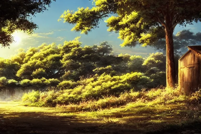 Image similar to Very beautiful painting by City Hunter anime backgrounds HD and Toei animation backgrounds, a beautiful landscape of the french countryside, nice lighting, soft and clear shadows, low contrast, perfect