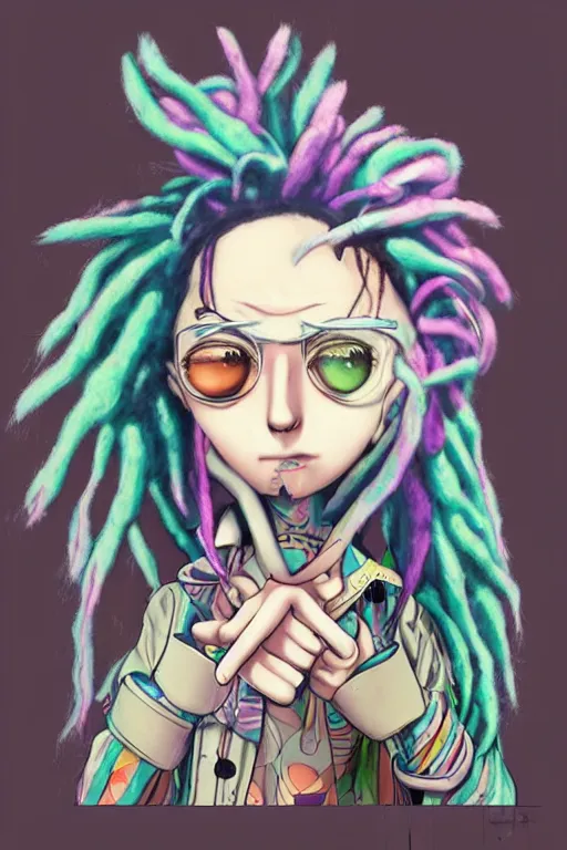 Prompt: kawaii pastel goth guy with dreads and eccentric clothing by jamie hewlett and artgerm, cel shading, toon shading, detailed,