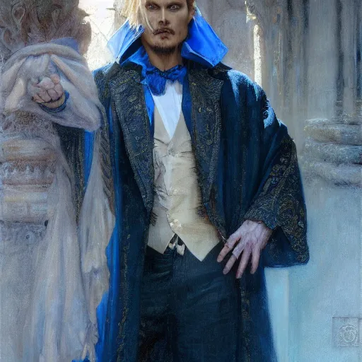 Image similar to detailed cinematic wide shot of beautiful attractive blonde vampire jhonny depp slim face symettrical face clean skin blue eyes black robe smooth, sharp focus, ultra realistic, spring light, painting by gaston bussiere, craig mullins, j. c. leyendecker