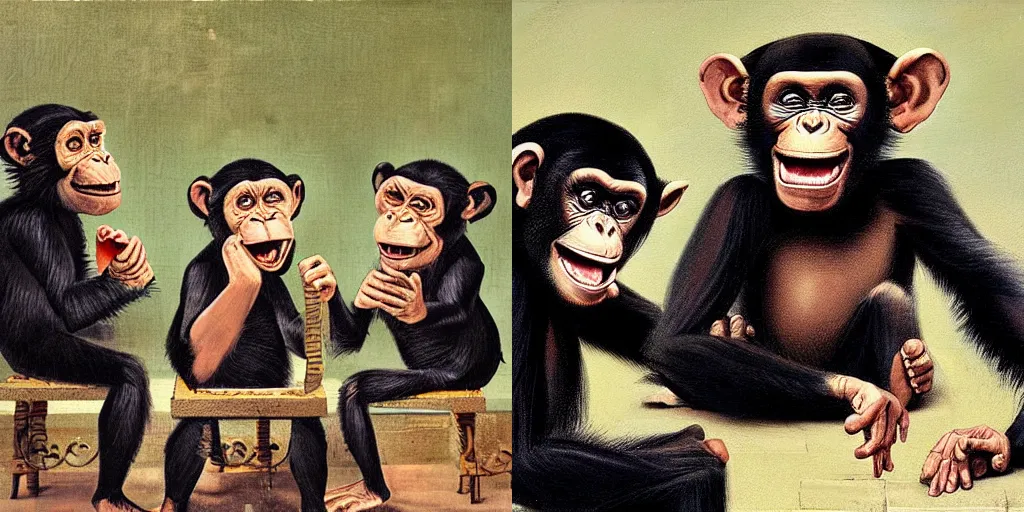 Prompt: 3 chimps doing a prank call and laughing, a Victorian painting