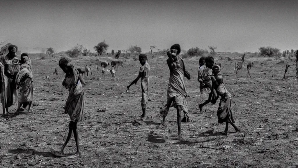 Image similar to 1984 Ethiopian famine and drought as seen in Western TV, moody, dark, movie scene, depth of field, hd, 4k