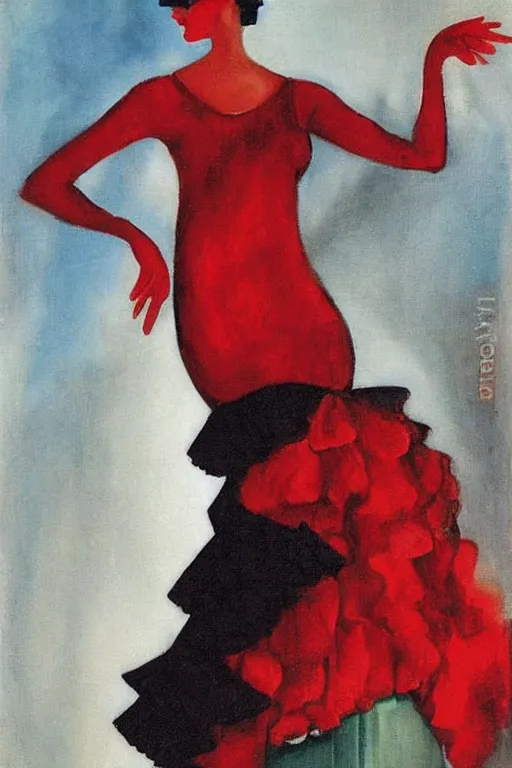 Image similar to spanish flamenco dancer in mallorca wearing a red dress made of flowers by artist tamara de lempicka