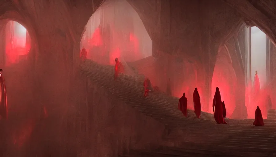 Prompt: figures in red cloaks ascend huge fantasy stairs, photorealistic rendering, cinematic, movie still, by denis villeneuve, volumetric magical lighting