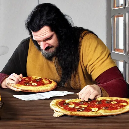 Prompt: a grumpy danish man with long black hair eating pizza while DMing an AD&D game, D&D, rogue, dark hair, skinny, middle aged, D&D dice on table, papers on table, character sheets on table, natural lighting, black hair, dark hair