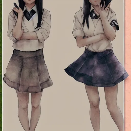 Prompt: a perfect, realistic professional digital sketch of two hyperrealistic Japanese schoolgirls posing, in style of Marvel, full length, by pen and watercolor, by a professional American senior artist on ArtStation, a high-quality hollywood-style sketch, on high-quality paper