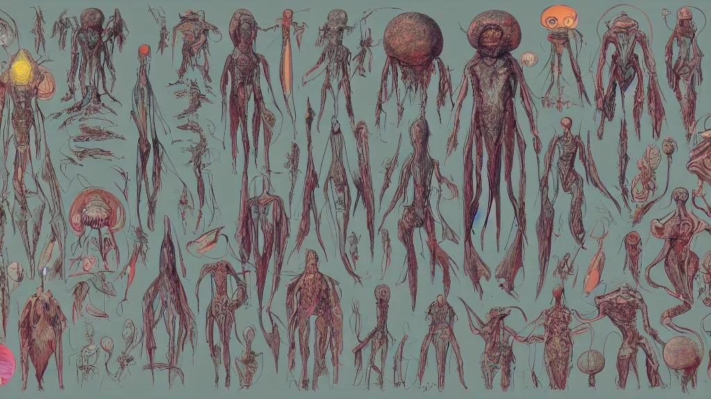 Image similar to concept art, colorful character sheet for an androgynous extraterrestrial with large bulbous head, religious robes, retrofuture, ernst haeckel, fantastic planet, moebius, valerian, coherent, illustration, digital art, trending on artstation, hd, 8 k, good lighting, beautiful, rough paper, masterpiece