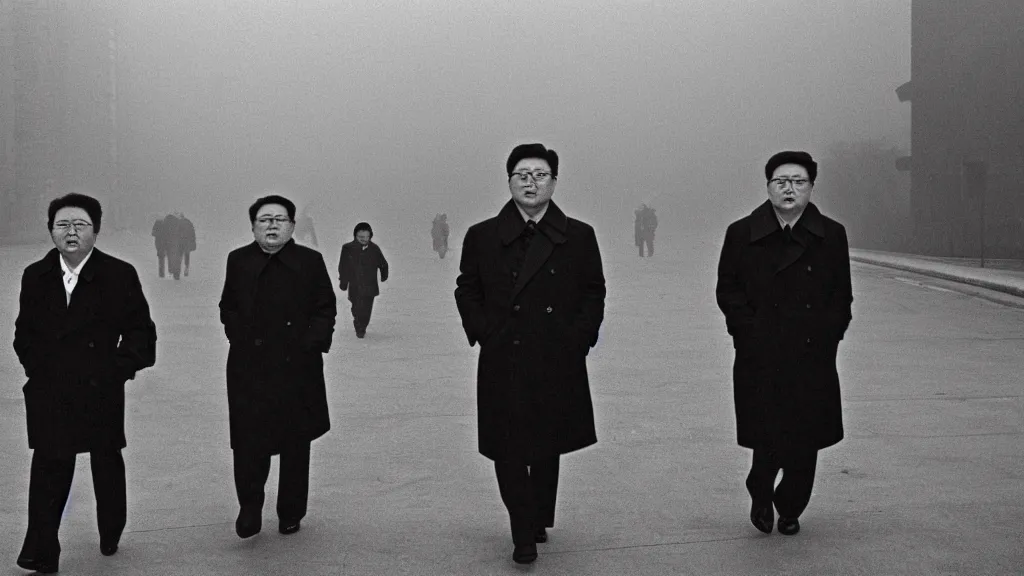 Image similar to foggy city lights, kim jong - il walking in 1 9 6 0 s pyongyang, film noir thriller in the style of orson welles and andrei tarkovski