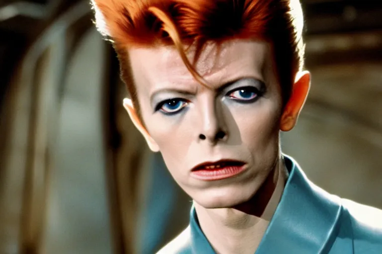 Image similar to a young David Bowie on the bridge of a starship, movie still,color,70mm