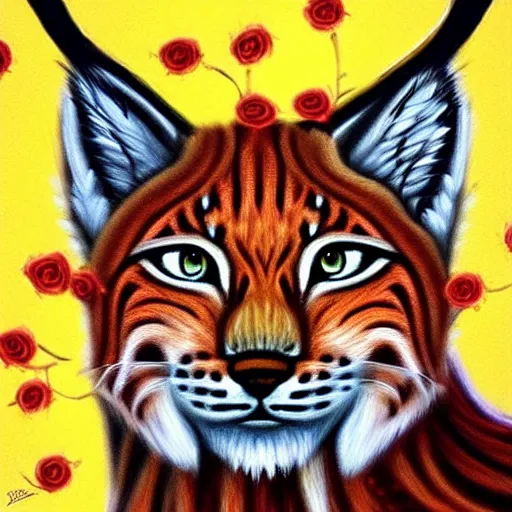 Image similar to lynx wearing a crown!!!! made out of roses and (((((golden leaves))))), a majestic crown!!!!!!, an expressive digital painting, high quality art,