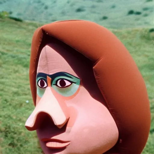 Prompt: sad woman with an inflatable nose, long snout, in the hillside, 1974 fellini, archival footage, technicolor film