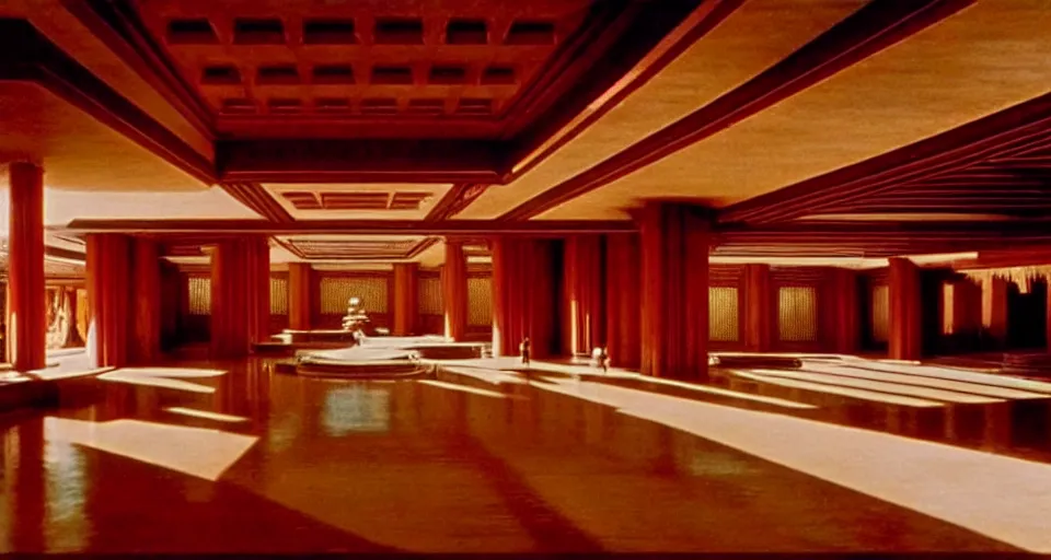 Prompt: An establishing shot from a 2021 fantasy film of the interior of an opulent palace designed by Frank Lloyd Wright. Incredibly beautiful.