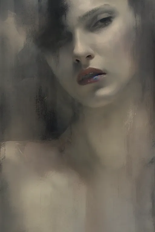 Image similar to detailed cinematic moody colors studio portrait of the memories of a sensual lady in bed, high quality by jeremy mann, only one head single portrait