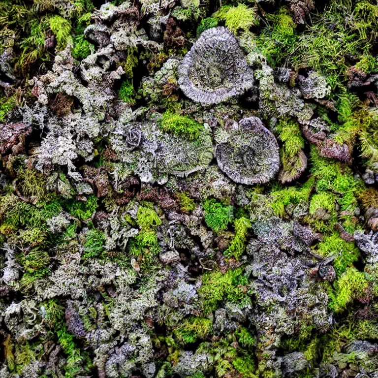 Image similar to a drawn picture lichens and moss close-up various fungus, mushrooms and plants, Atmospheric phenomenon, artistic photography, muted colors, conceptual, long exposure outside the city