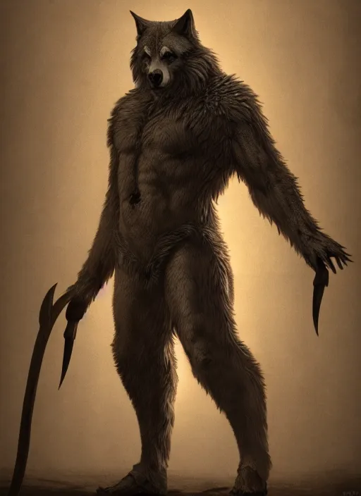 Image similar to medieval mythology, wolfman, full body, detailed and realistic, 4k, trending on artstation, sharp focus, intricate concept art, digital painting, ambient lighting, octane render