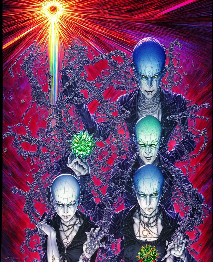 Prompt: realistic detailed image of ultra wrathful rainbow diamond nightmare scientist mega hellraiser depth perception depth of field action horror masterpiece neo - gothic gothic rich deep colors art by yoshitaka amano by yukito kishiro by yoshiyuki sadamoto by artgerm by hajime sorayama