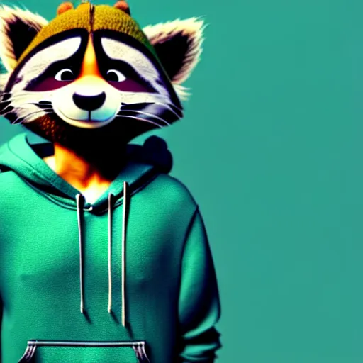 Prompt: a very relaxed stoner with a black hoodie on with a furry raccoon head from zootopia, wearing teal beanie, holding a small vape, blowing out smoke, 3 d render, 8 k, 4 k, extremely detailed fur, wearing a cool marijuana leaf t - shirt