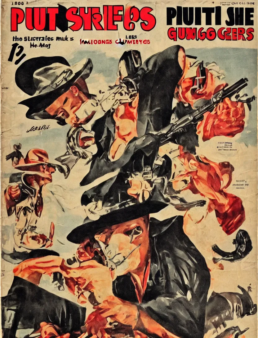 Image similar to 1950s pulp magazine featuring Hot Shots Megee a gunslinger cowboy who wears a Lone Ranger mask, detailed