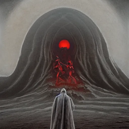 Image similar to Satanic church on a desert, red moon, by Dariusz Zawadzki and zdzisaw beksinski, imax film quality, trending on Artstation