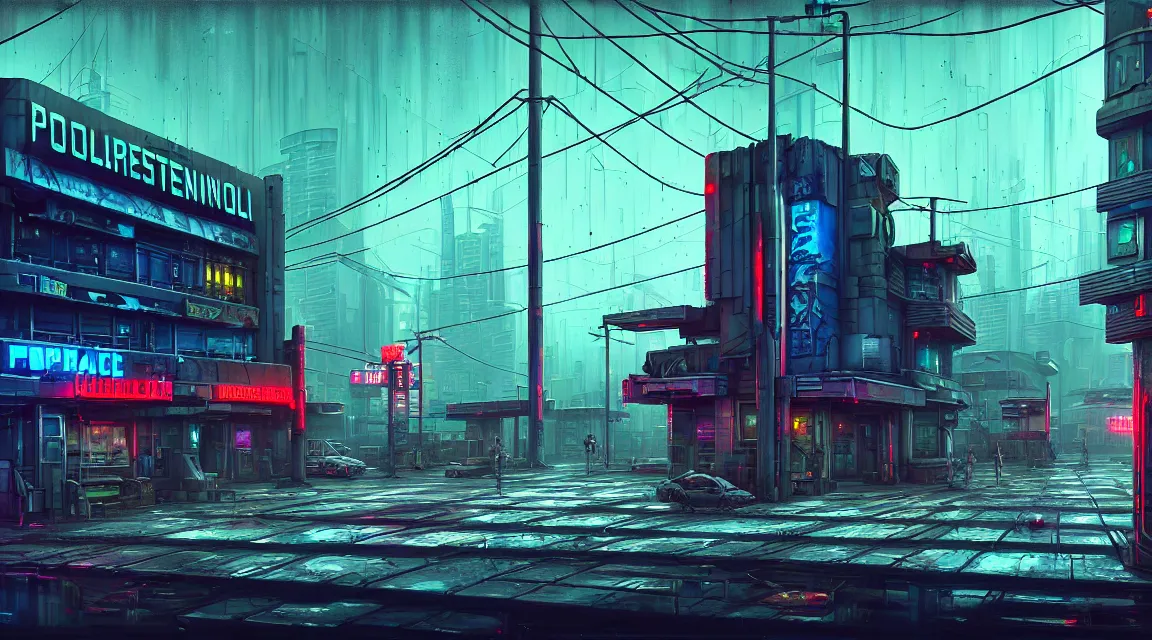 Prompt: post apocalyptic cyberpunk police station, building, avenue, urban architecture, americana architecture, concrete architecture, cloudy sky, paved roads, in the style of simon stalenhag, guido borelli, trending on artstation, photorealistic, wild vegetation, utopian, futuristic, blade runner, vivid colors scheme, neon signs, sharp, clear, focus