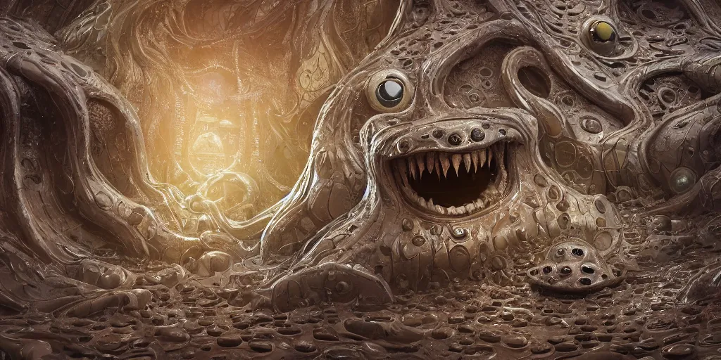 Image similar to of an intricate muddy water with strange cute friendly happy creatures with huge eyes, long tongue, round teeth and goofy funny face, appearing from the background, in the style of gehry and gaudi, macro lens, shallow depth of field, ultra detailed, digital painting, trending artstation, concept art, illustration, cinematic lighting, photorealism, epic, octane render