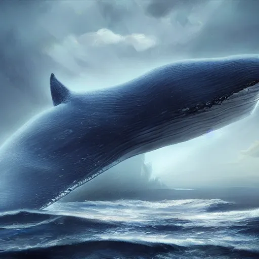 Image similar to A giant blue whale in an empty ocean, the whale has a city of ruin on it's back, fantasy art, cg artist