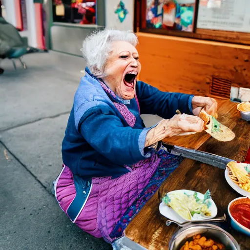 Image similar to elderly woman screaming at a taco, canon eos r 3, f / 1. 4, iso 2 0 0, 1 / 1 6 0 s, 8 k, raw, unedited, symmetrical balance, wide angle