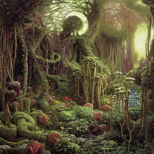 Prompt: A beautiful garden in the style of H. P. Lovecraft with a greenhouse, a corpse plant, a giant venus flytrap and some shrubs and trees by Gustave Dore and Ferdinand Knab