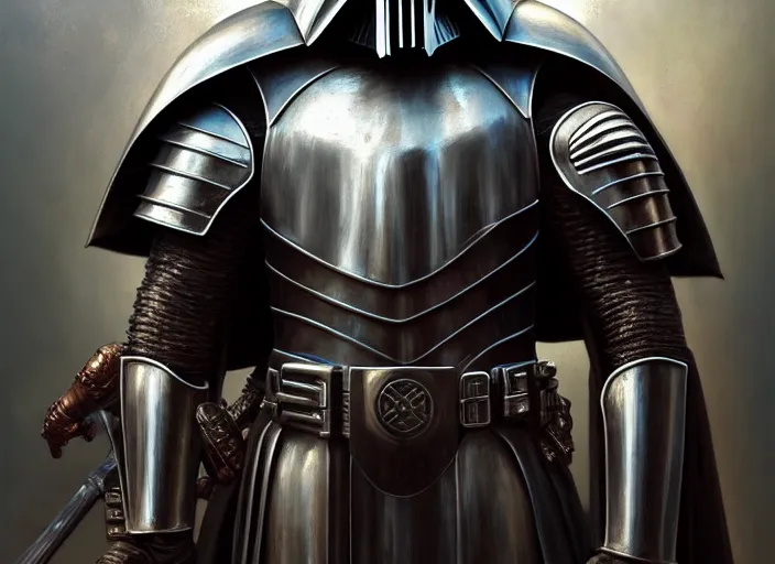 Prompt: portrait shot of iron darth vader in in medieval knights!!! armor, intricate armor, elegant armor, highly detailed, centered, digital painting, artstation, concept art, smooth, sharp focus, illustration, artgerm, tomasz alen kopera, peter mohrbacher, donato giancola, joseph christian leyendecker, wlop, boris vallejo