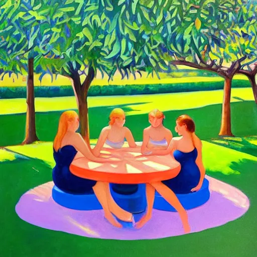 Image similar to “an award winning painting of a group of beautiful young symmetric people wearing swimsuits, sitting at a round garden table playing cards under a fig tree in the sun, drinking gin and tonic. In the style of Edward hopper”