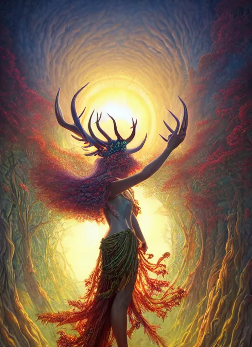 Prompt: gigantic sun goddess with antlers like trees, extremly detailed digital painting, vibrant colors, in the style of artgem and tomasz alen kopera and fenghua zhong and peter mohrbacher, mystical colors, rim light, beautiful lighting, 8 k, stunning scene, raytracing, octane, trending on artstation